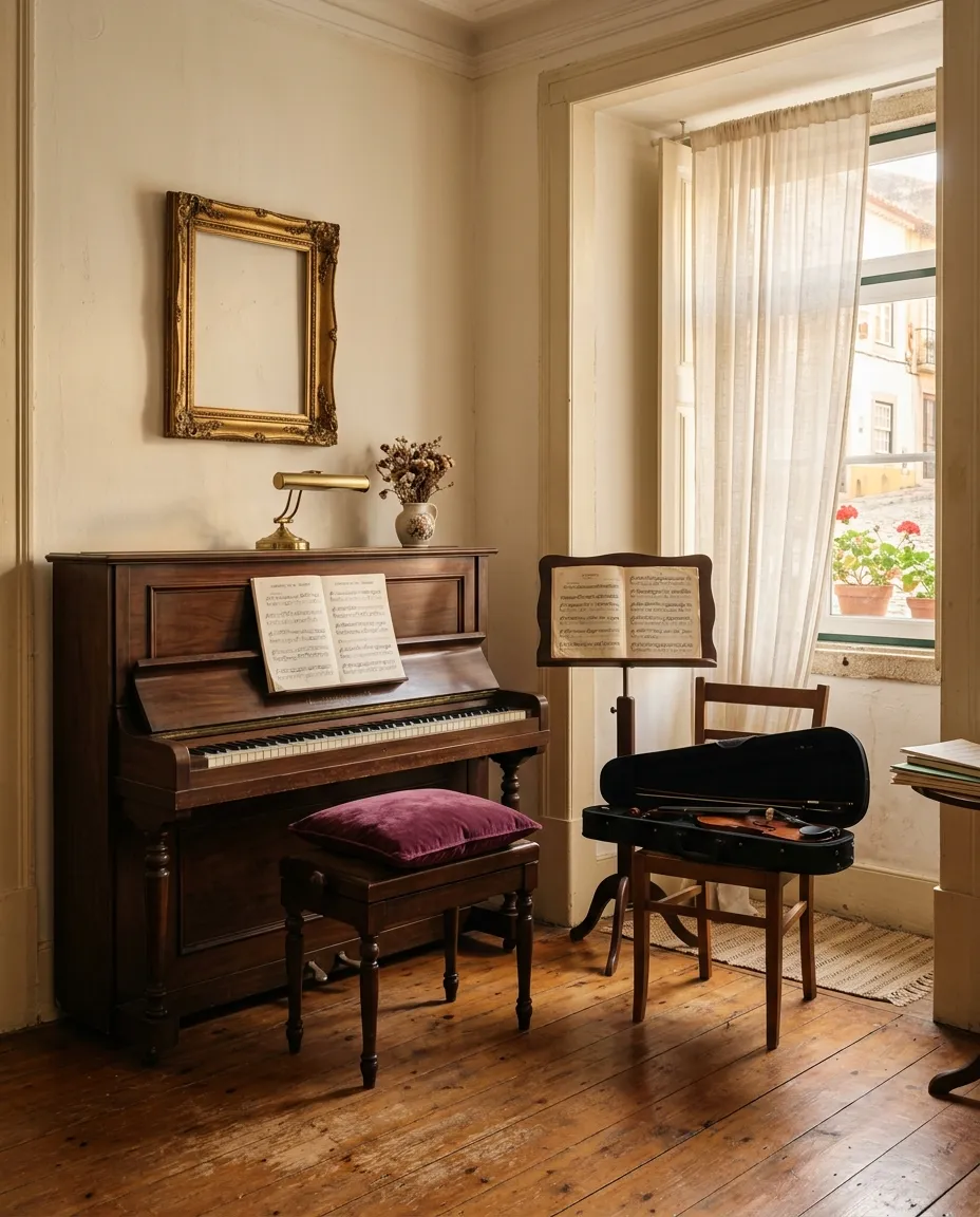 Uma pequena sala de música com um piano vertical, um estojo de violino e uma estante à luz da janela
