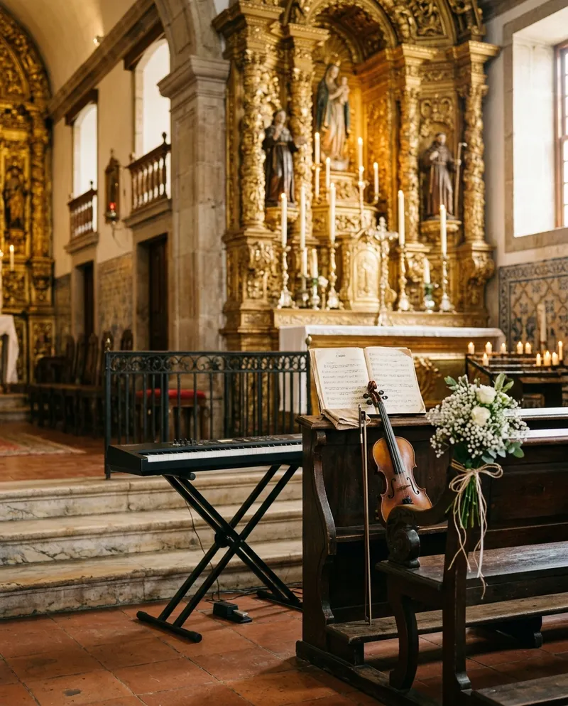 Teclado e violino montados junto a um altar de igreja decorado com flores brancas