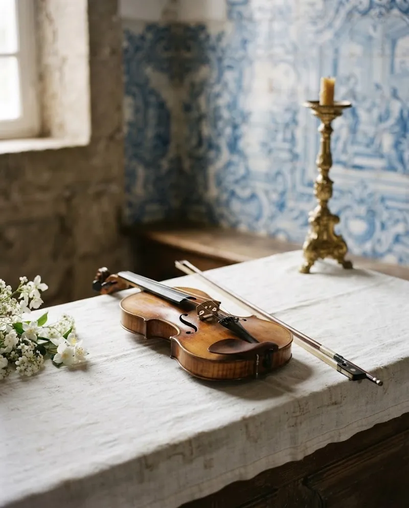 Um violino pousado sobre a toalha branca do altar de uma capela com azulejos azuis