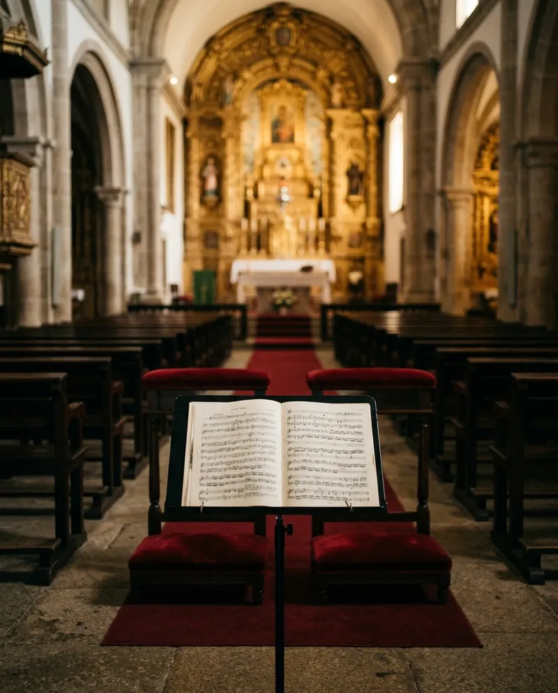 Partitura numa estante dentro de uma igreja, genuflexórios de veludo vermelho ao fundo