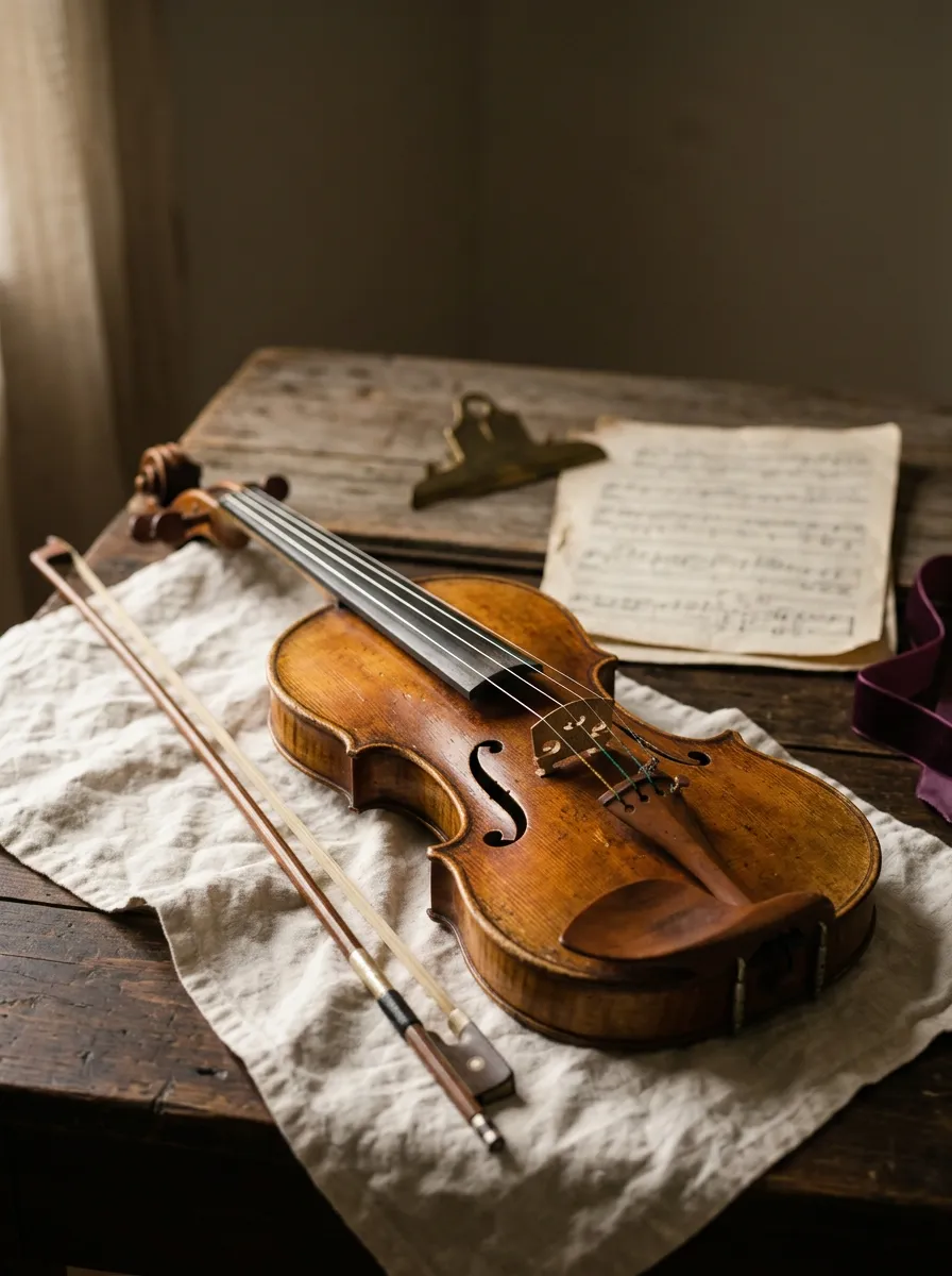 Um violino e um arco pousados sobre um pano de linho cru, à luz quente da janela
