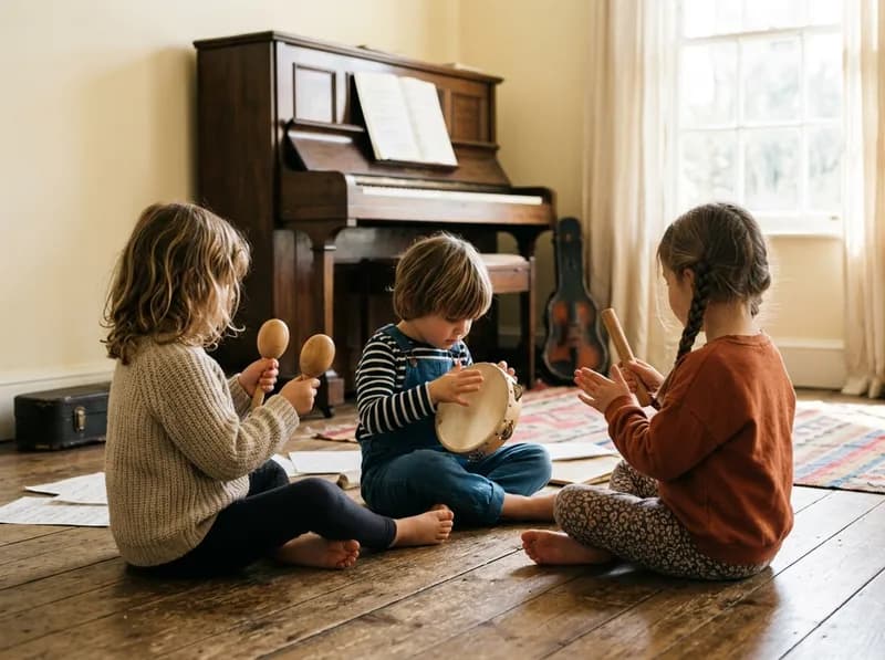 Crianças pequenas a tocar percussão de mão numa sala de música luminosa