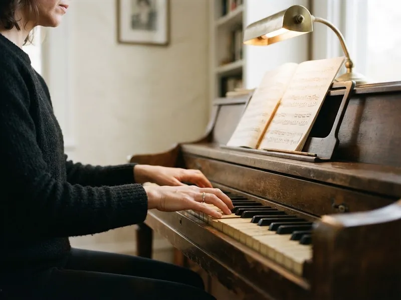 Mãos nas teclas de um piano vertical com uma partitura na estante