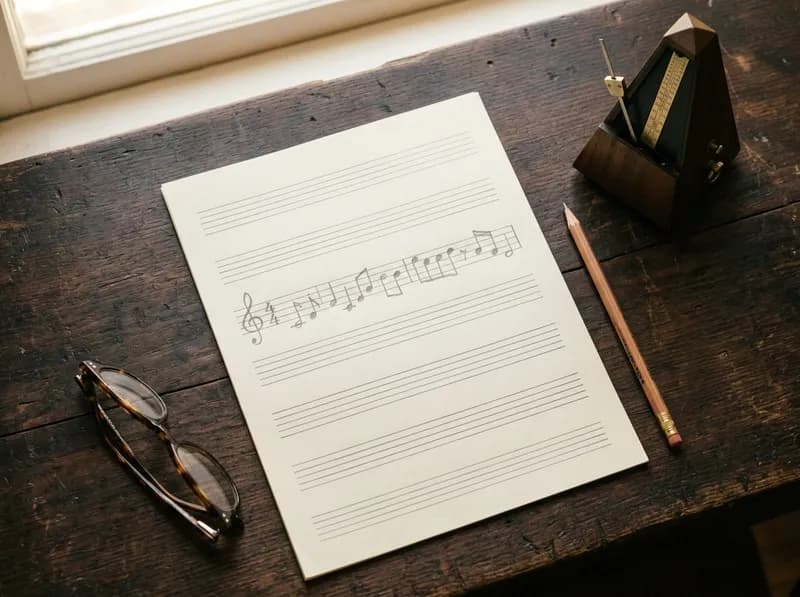 Notas escritas à mão em papel pautado, ao lado de um lápis e de um metrónomo