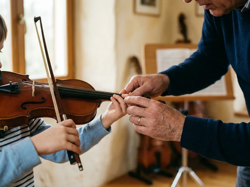 Pormenor das mãos de uma criança a aprender a pega do arco num violino pequeno